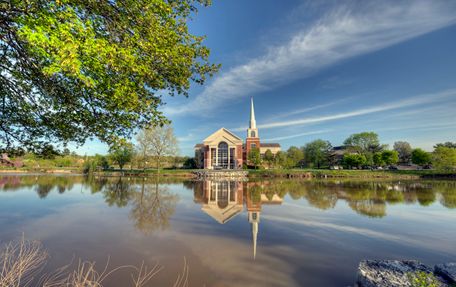 church in a lake reflection